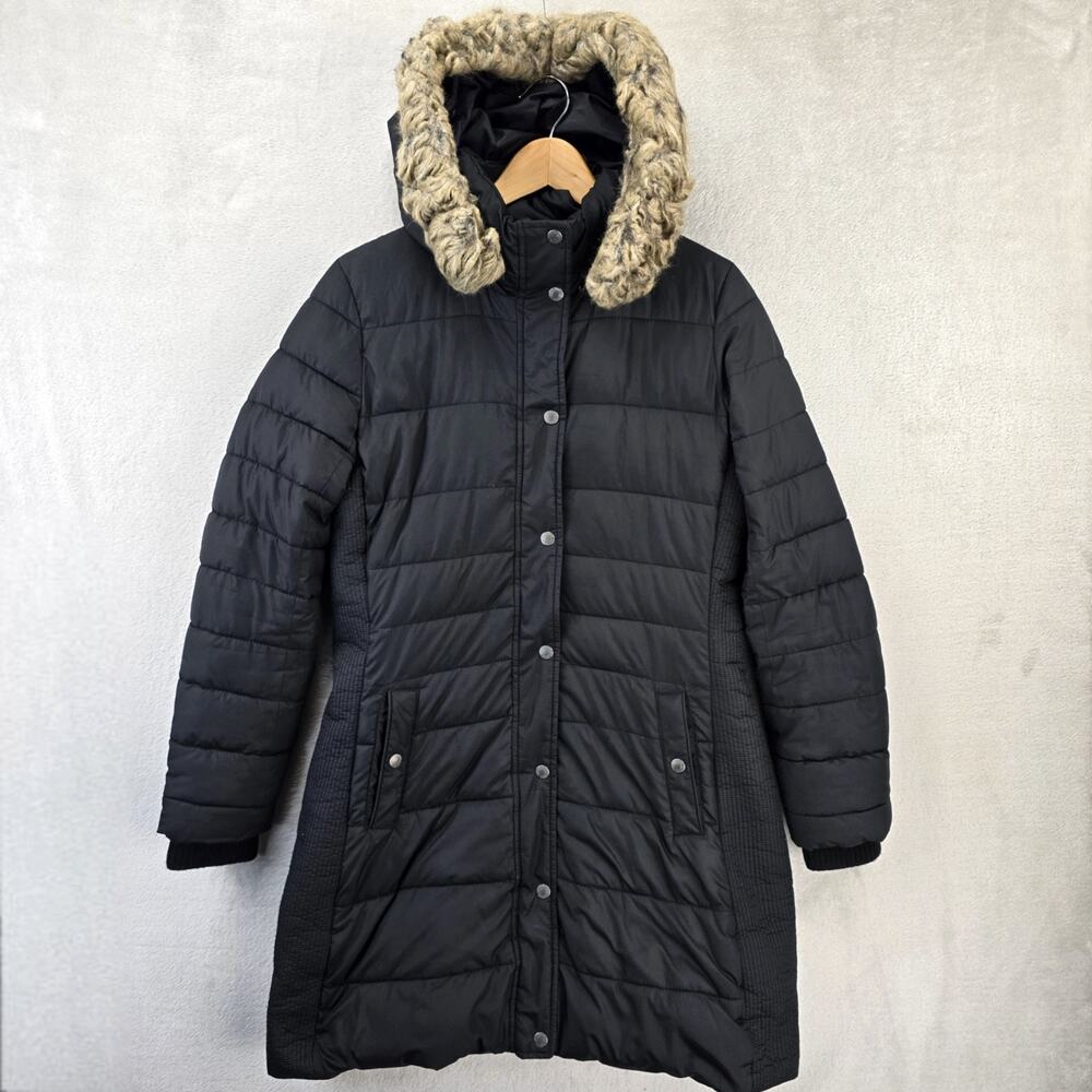 Abercrombie & Fitch Long Puffer Jacket Womens Large Black Faux Fur Hooded Parka